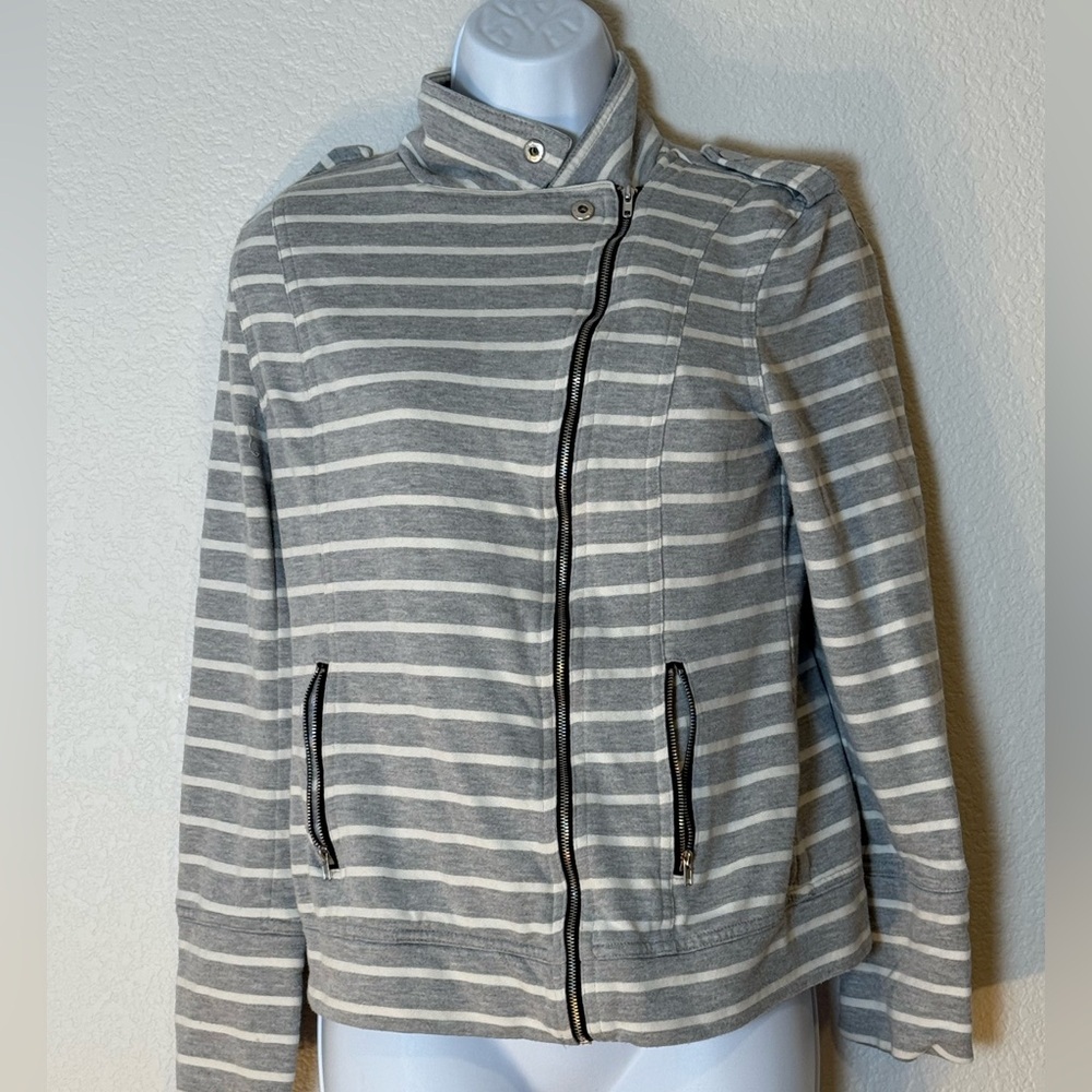 Market & Spruce Cotton Knit Moto Jacket Gray Stripe Size Medium